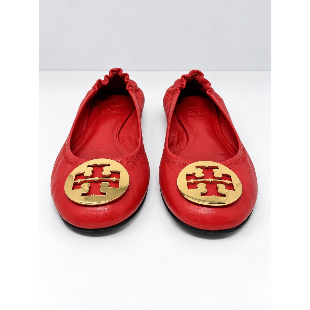 Tory Burch Reva Red Leather Gold Logo Ballet Flats 8